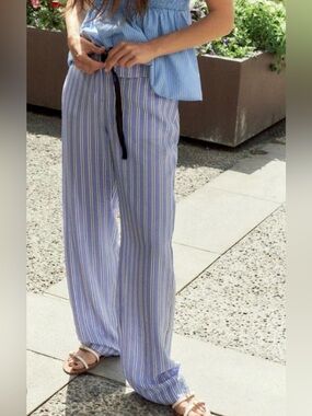 Light Blue Striped Wide-Leg Pants